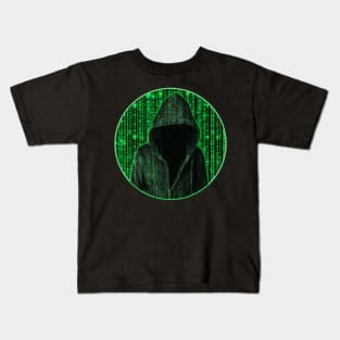 Hooded hacker in binary matrix rain Kids T-Shirt